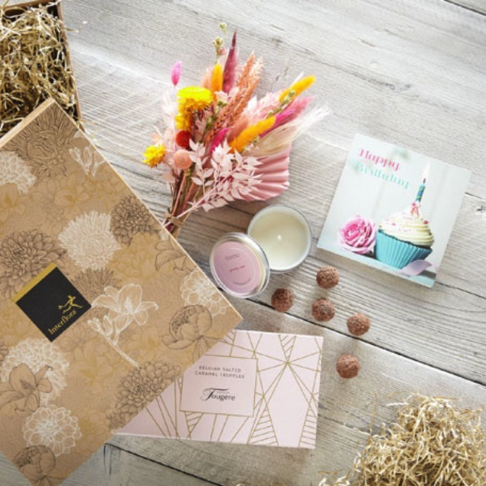 ‘The Flower Shop Helensburgh - Birthday Dried Flowers, Candle And Caramel Truffles Gift Set’