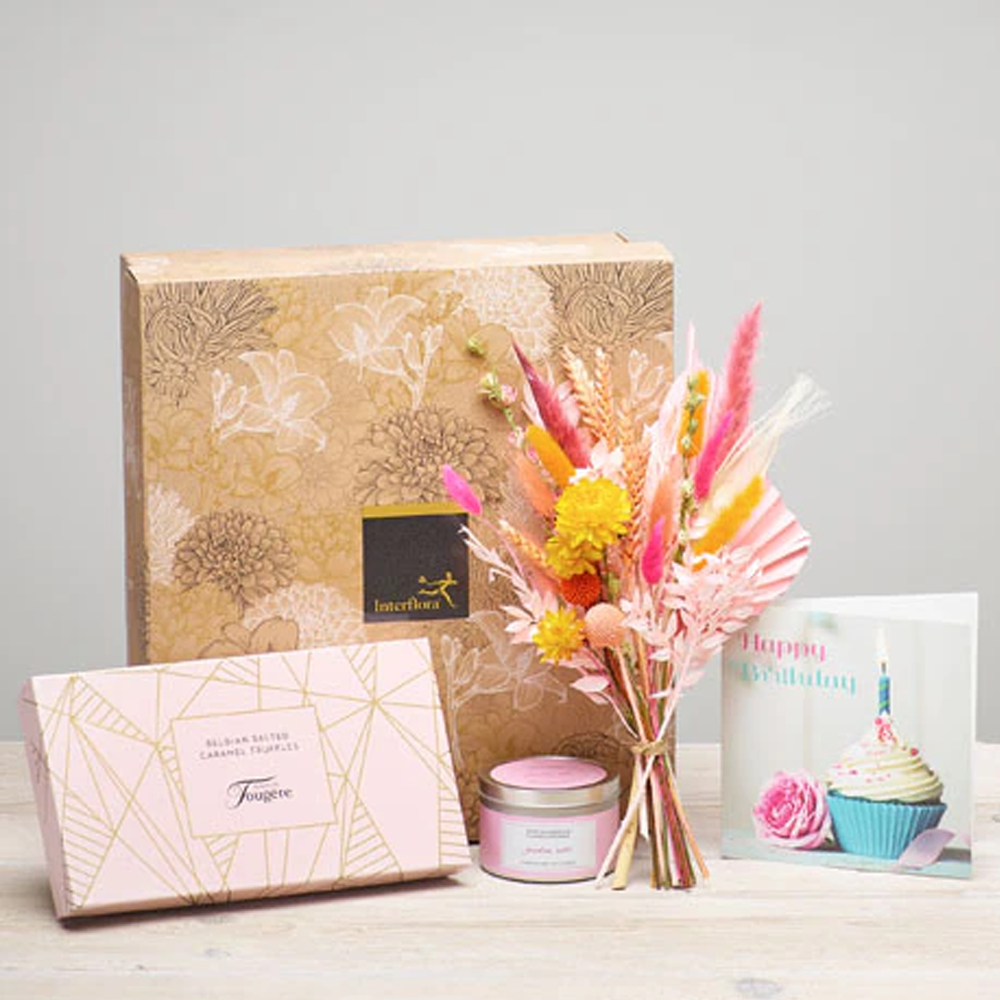 ‘The Flower Shop Helensburgh - Birthday Dried Flowers, Candle And Caramel Truffles Gift Set’