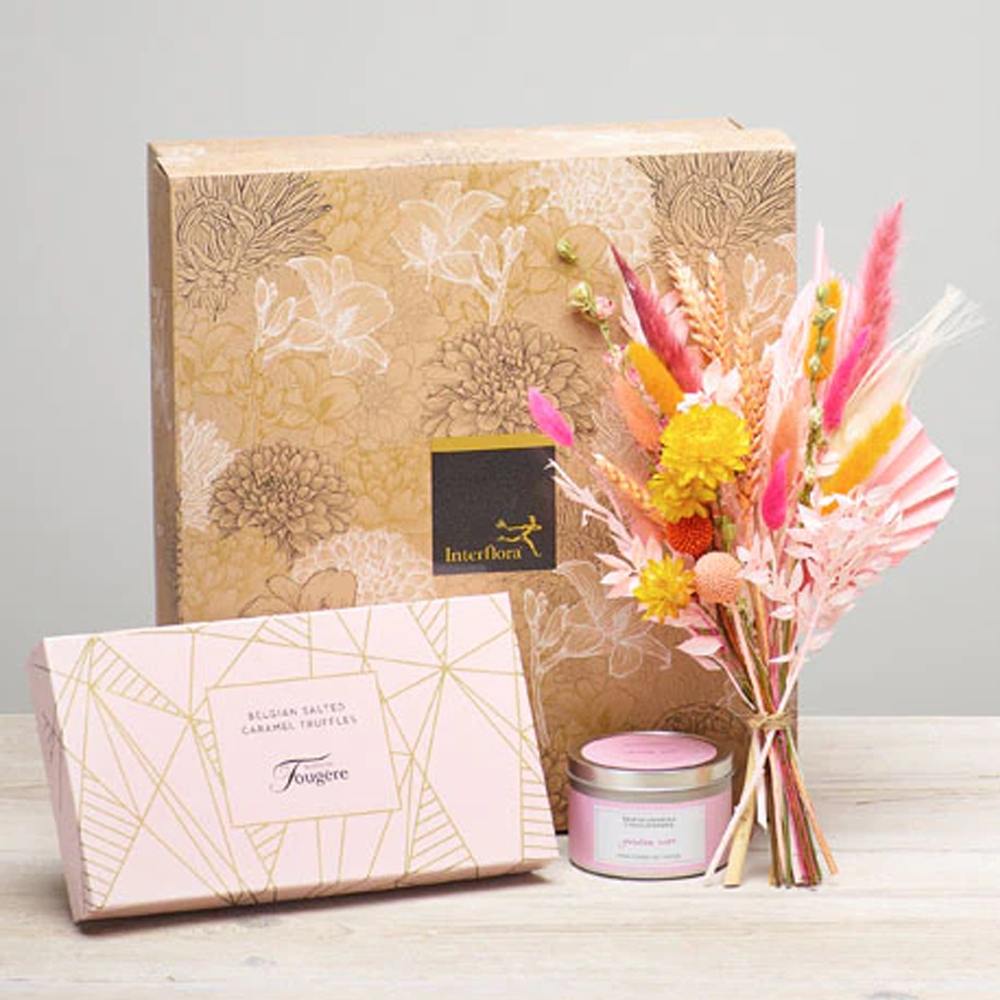 ‘The Flower Shop Helensburgh - Dried Flowers Gift Set With Candle And Salted Caramel Truffles’