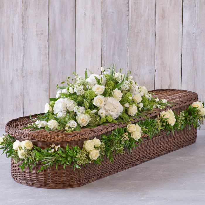 ‘The Flower Shop Helensburgh - Large White Casket Spray With Rose Garland’